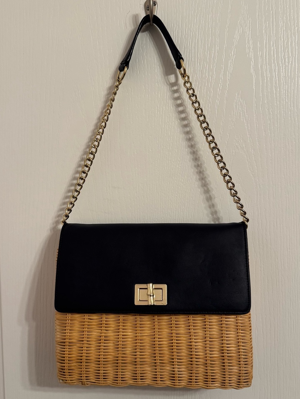 Talbots Fold Over Wicker & Navy Leather Turn Lock Shoulder Bag Purse